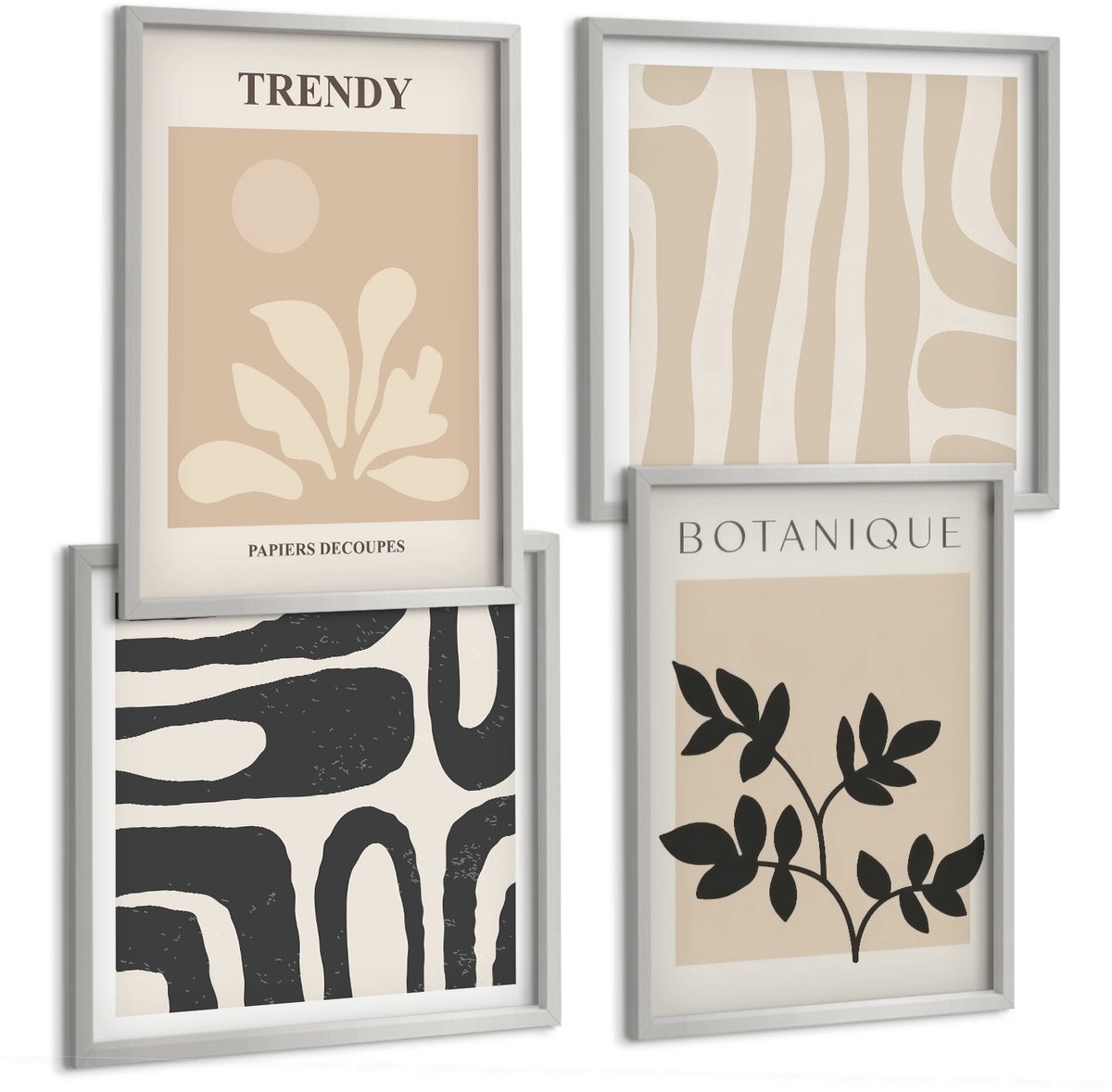 TULUP 4-Delige Schilderij Set - Stijlvolle plantenpatronen in beige en zwarte tinten. - 40 x 40 cm en 40 x 60 cm - Moderne Wanddecoratie - Slaapkamer - Interieur Decoratie Zilveren lijst