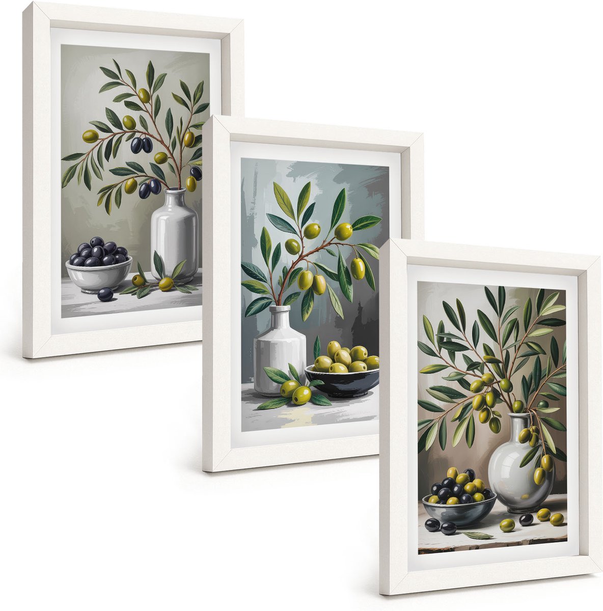 Tulup 3-Delige Schilderij Set - Olijven in keramische schalen op een grijze achtergrond - 20x30 - Wanddecoratie - Muurdecoratie - Moderne Interieurdecoratie - Stijlvolle Muurdecoratie