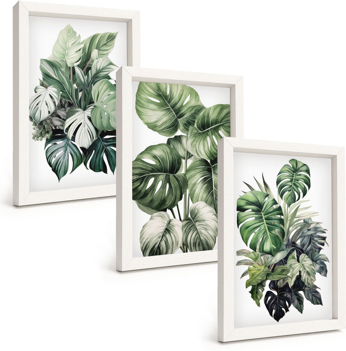 Tulup 3-Delige Schilderij Set - Groene bladeren van tropische planten, aquarelverf - 20x30 - Decoratieve Muurdecoratie - Slaapkamer - Woonkamer Decoratie