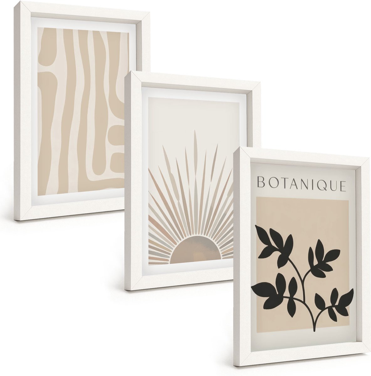 Tulup 3-Delige Schilderij Set - Abstracte patronen met plantenaccenten in neutrale tinten. - 20x30 - Wanddecoratie - Moderne Interieurdecoratie - Moderne Wanddecoratie