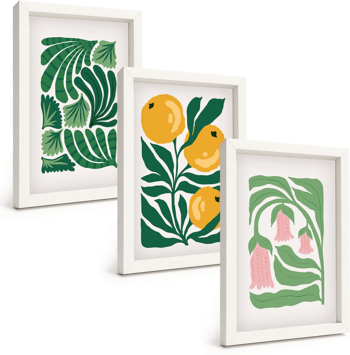 Tulup 3-Delige Schilderij Set - Minimalistische plantpatronen met vruchten en bladeren - 20x30 - Muurdecoratie - Wanddecoratie - Slaapkamer