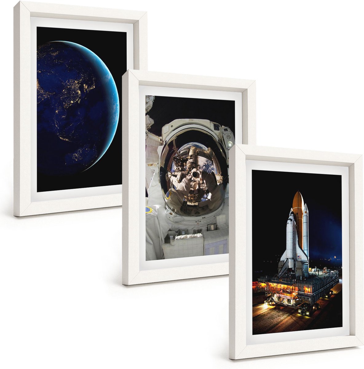 Tulup 3-Delige Schilderij Set - Ruimtebeelden met de aarde, astronaut en raket - 20x30 - Muurdecoratie - Wanddecoratie - Hal
