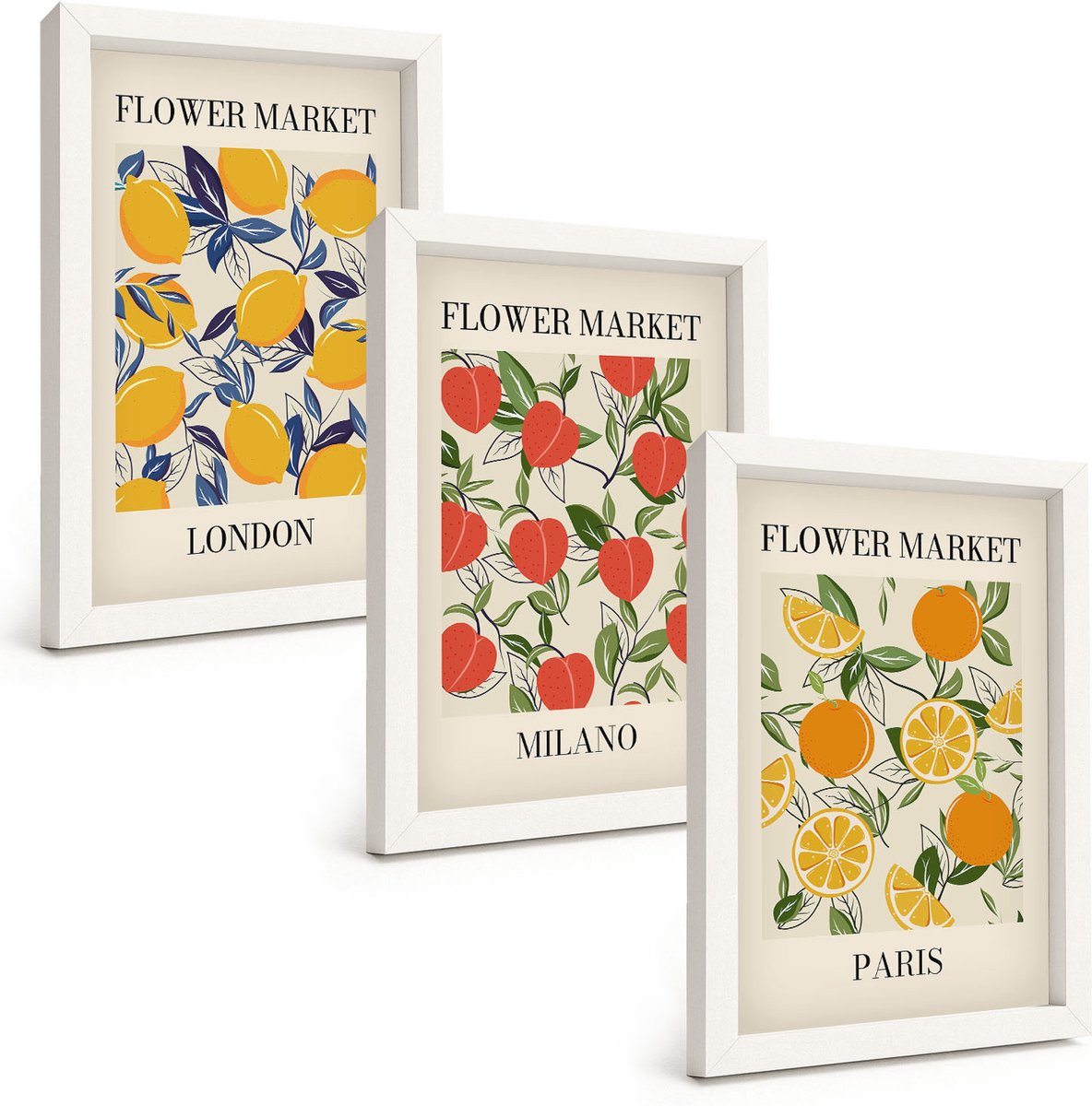 Tulup 3-Delige Schilderij Set - Bloemenposters in Londen, Milaan en Parijs - 20x30 - Stijlvolle Muurdecoratie - Slaapkamer