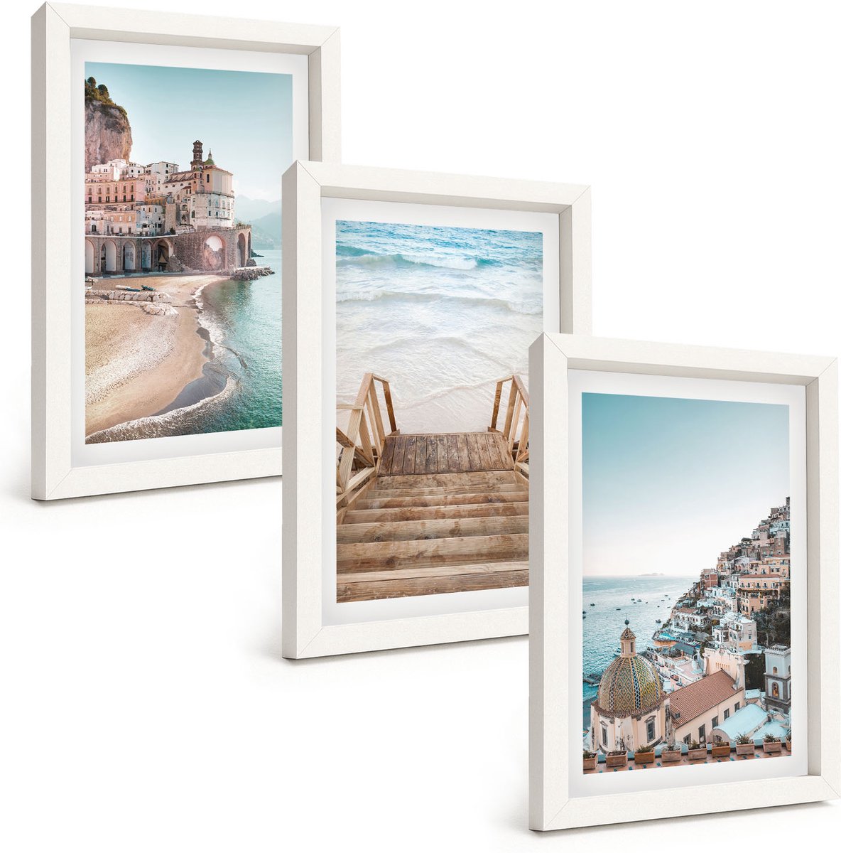 Tulup 3-Delige Schilderij Set - Zomerse pastelkleuren met architectuur aan zee en strand - 20x30 - Muurdecoratie - Wanddecoratie - Slaapkamer