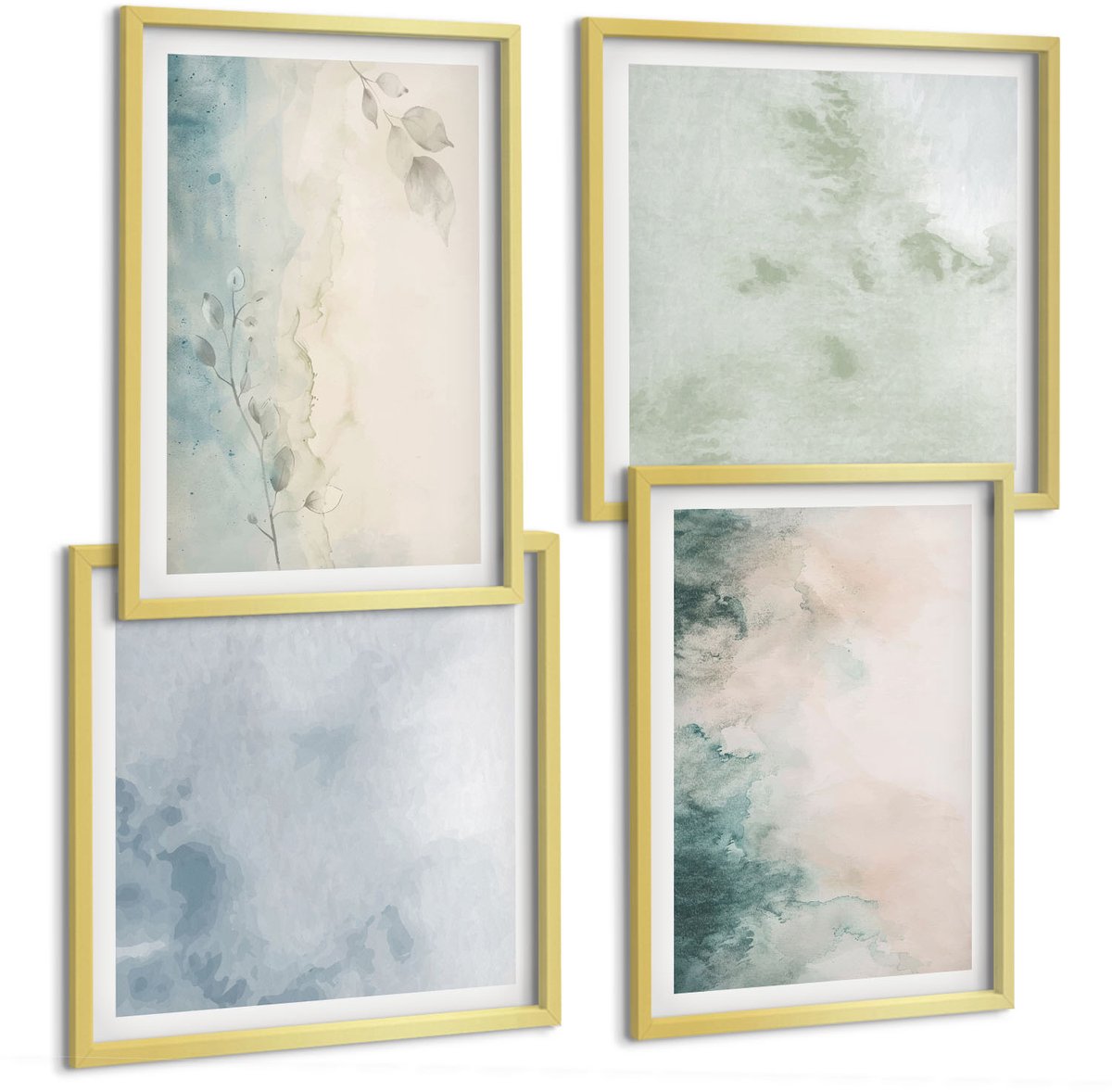 TULUP 4-Delige Schilderij Set - Aquarellen op canvas in minimalistische stijl - 40 x 40 cm en 40 x 60 cm - Wanddecoratie - Muurdecoratie - Woonkamer - Interieur Decoratie Gouden lijst