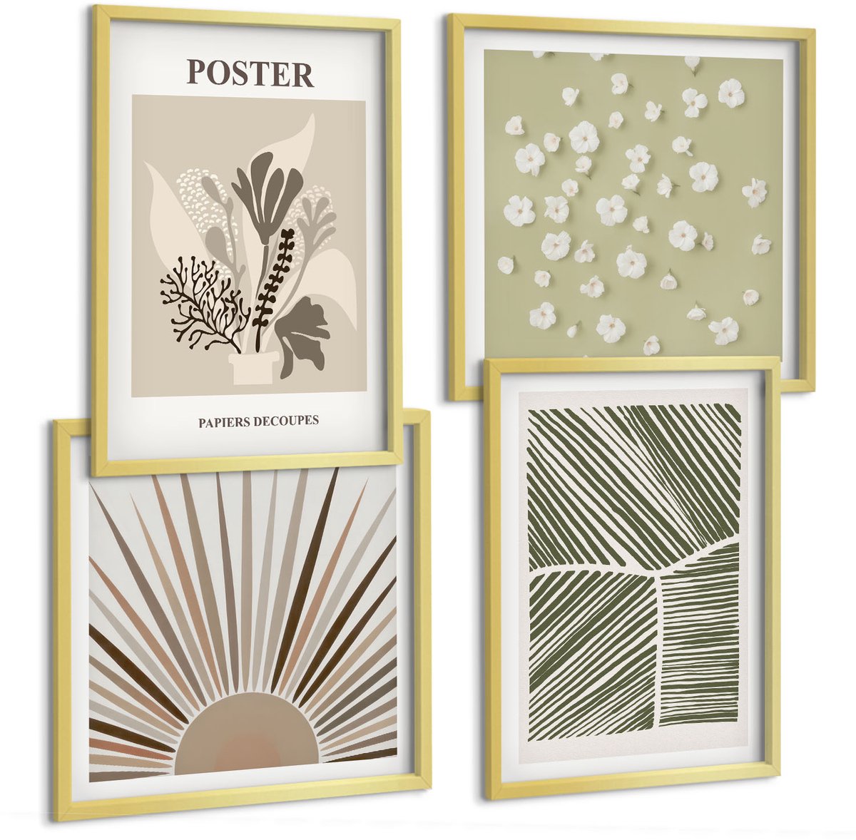 TULUP 4-Delige Schilderij Set - Plantmotieven in ingetogen kleuren en patronen. - 40 x 40 cm en 40 x 60 cm - Stijlvolle Wanddecoratie - Interieur - Stijlvolle Muurdecoratie Gouden lijst