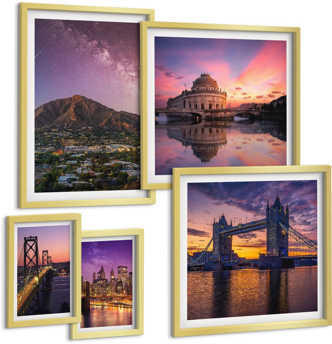 TULUP 5-Delige Schilderij Set - Stads- en berglandschappen 's nachts met prachtige uitzichten - 50 x 50 cm, 20 x 30 cm en 40 x 60 cm - Schilderijen Set - Wanddecoratie - Woonkamer - Interieur Decoratie Gouden lijst