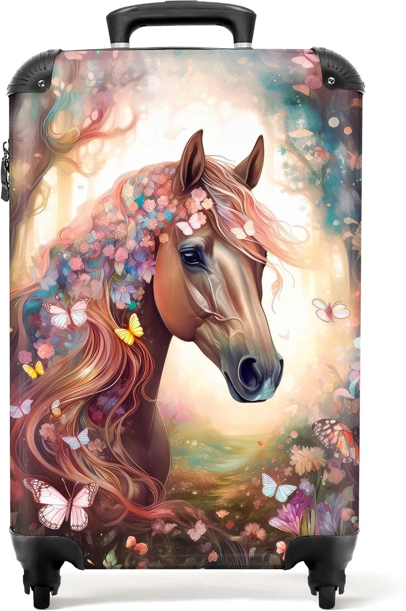 Kinderkoffer 55x35x25cm - Bruin - Paarden, bloemen en vlinders - Ideaal voor reizen