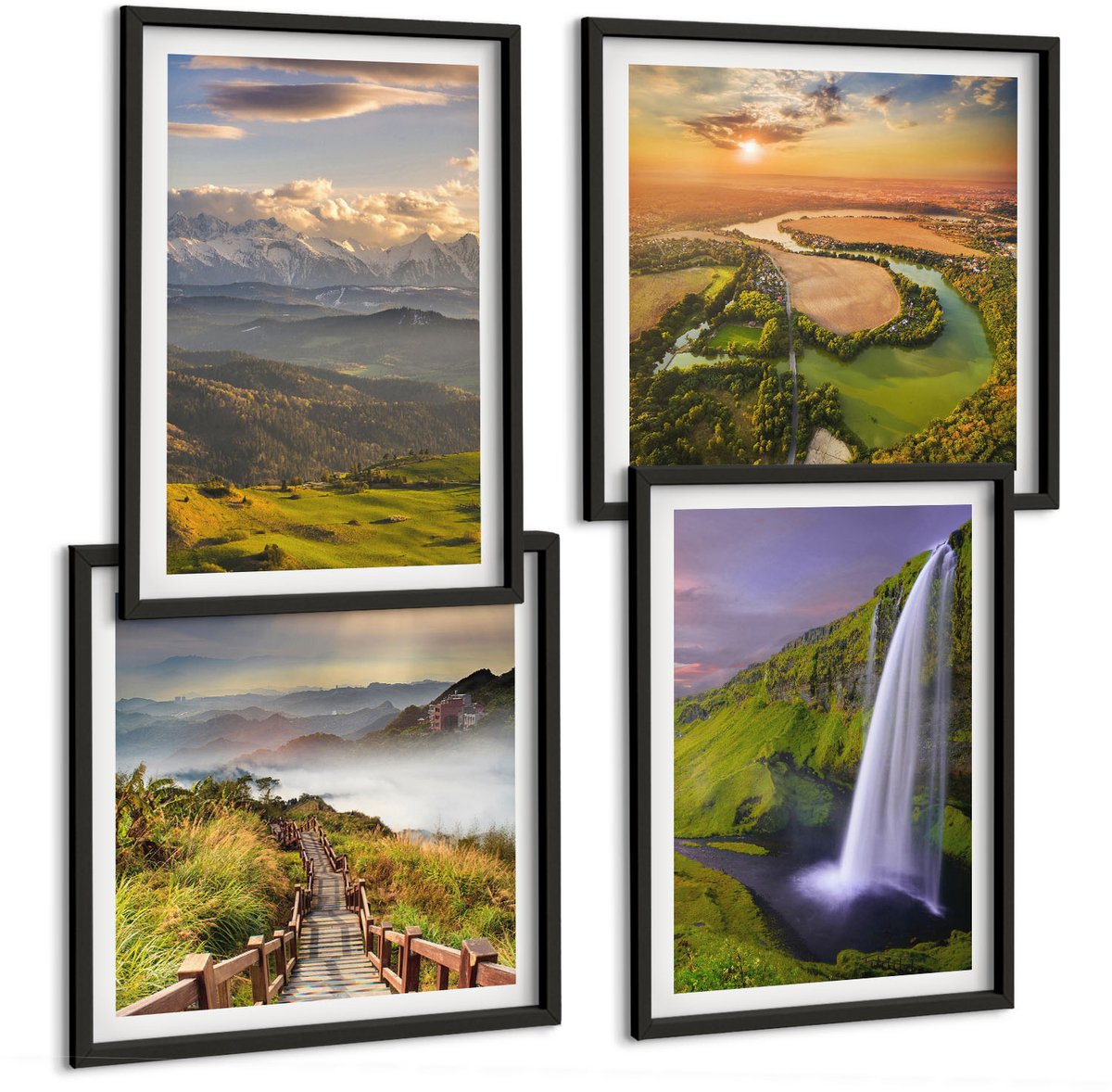 Tulup 4-Delige Schilderij Set - Uitzicht op een bergrivier en waterval in de natuur. - 40 x 40 cm en 40 x 60 cm - Muurdecoratie - Wanddecoratie - Slaapkamer - Decoratieve Schilderijen