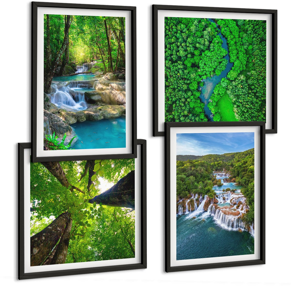 Tulup 4-Delige Schilderij Set - Watervallen in een groen bos met kristalhelder water. - 40 x 40 cm en 40 x 60 cm - Moderne Wanddecoratie - Slaapkamer