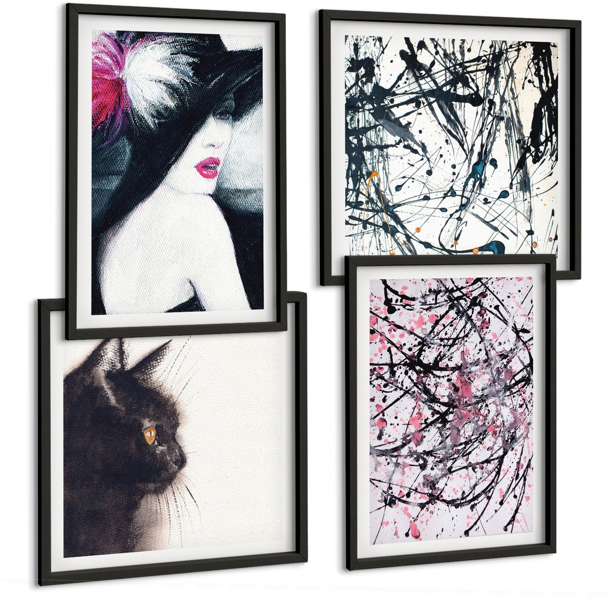Tulup 4-Delige Schilderij Set - Abstracte verfpatronen Vrouw met hoed Kat - 40 x 40 cm en 40 x 60 cm - Muurdecoratie - Decoratieve Schilderijen - Wohnzimmer