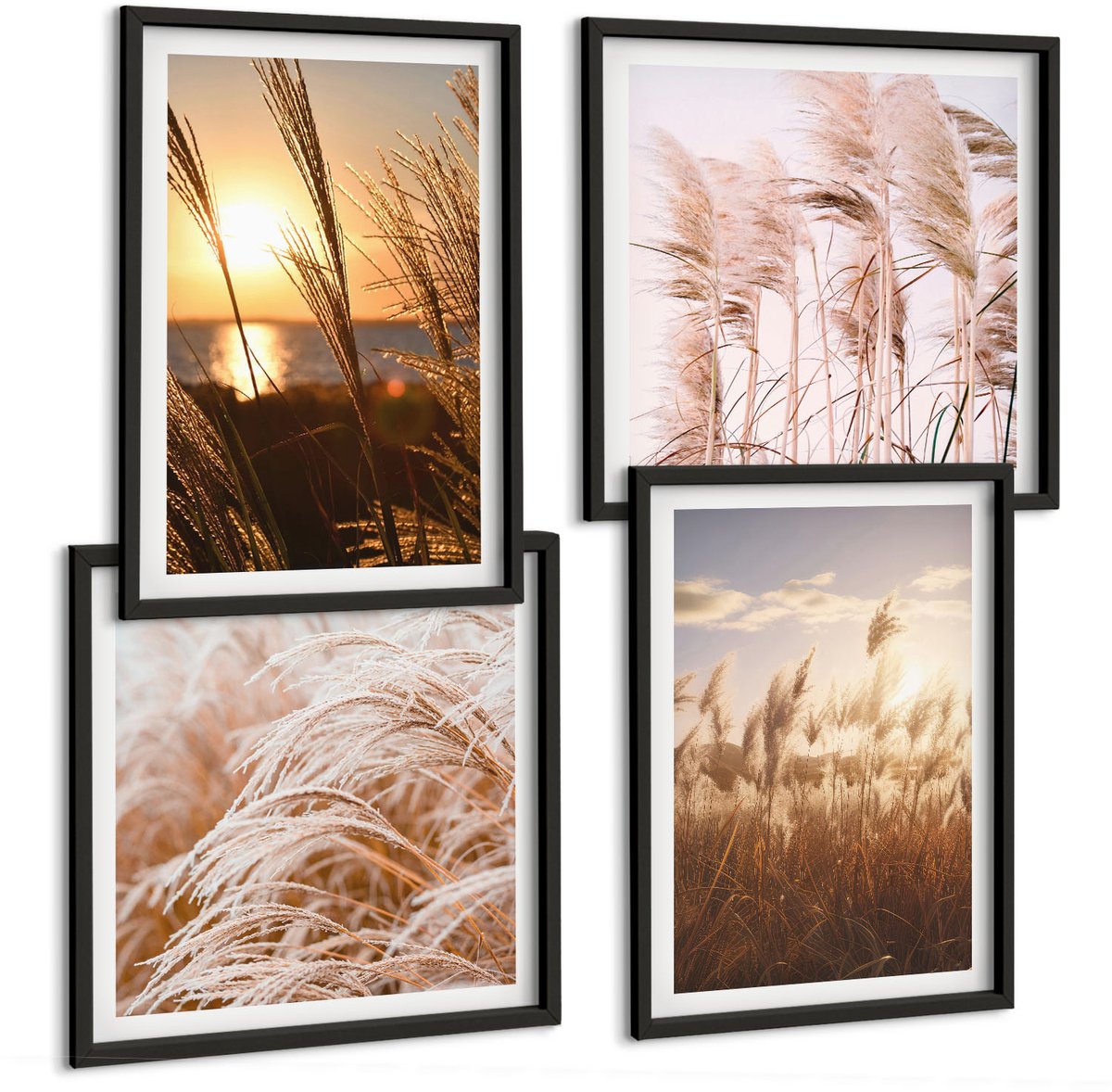 Tulup 4-Delige Schilderij Set - Fijne grassen van Boho Fields bij zonsondergang - 40 x 40 cm en 40 x 60 cm - Stijlvolle Muurdecoratie - Slaapkamer - Woonkamer Decoratie