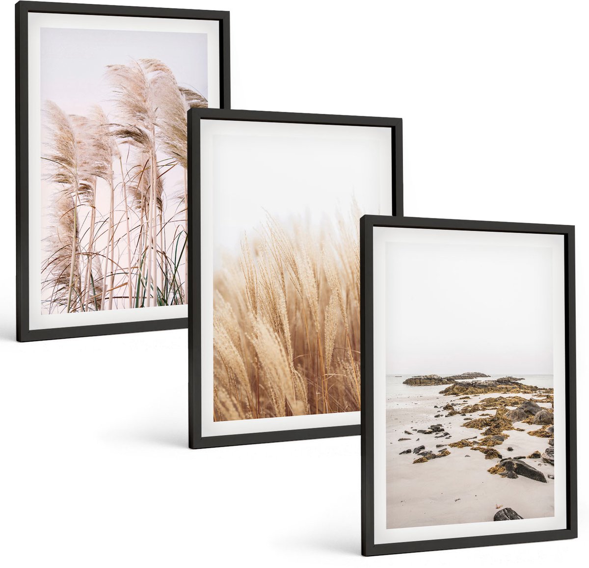 Tulup 4-Delige Schilderij Set - Pampasgrasvelden en Boho-strand - 40 x 60 cm - Wanddecoratie - Woonkamer Decoratie - Interieur Decoratie