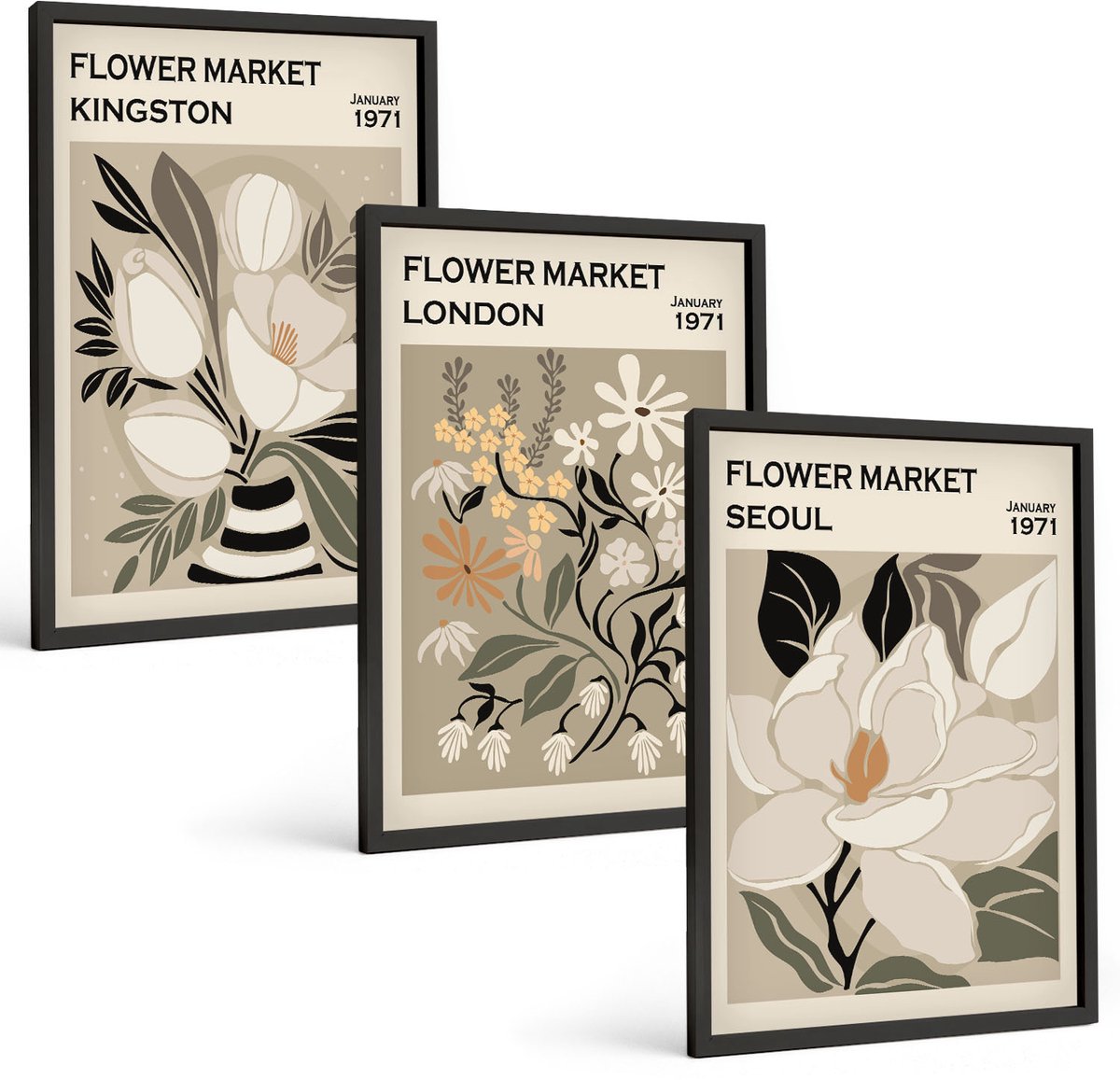 Tulup 4-Delige Schilderij Set - Retro bloemen uit verschillende steden over de hele wereld - 40 x 60 cm - Schilderijen Set - Wanddecoratie - Woonkamer - Woonkamer Decoratie
