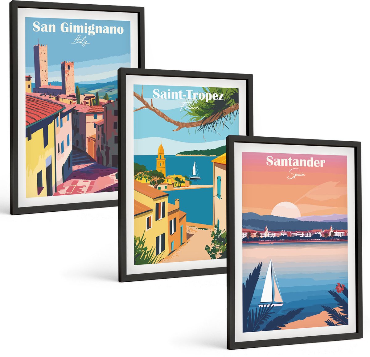 Tulup 4-Delige Schilderij Set - Italiaanse stadjes en retro kustlandschappen - 40 x 60 cm - Wanddecoratie - Woonkamer Decoratie - Stijlvolle Muurdecoratie
