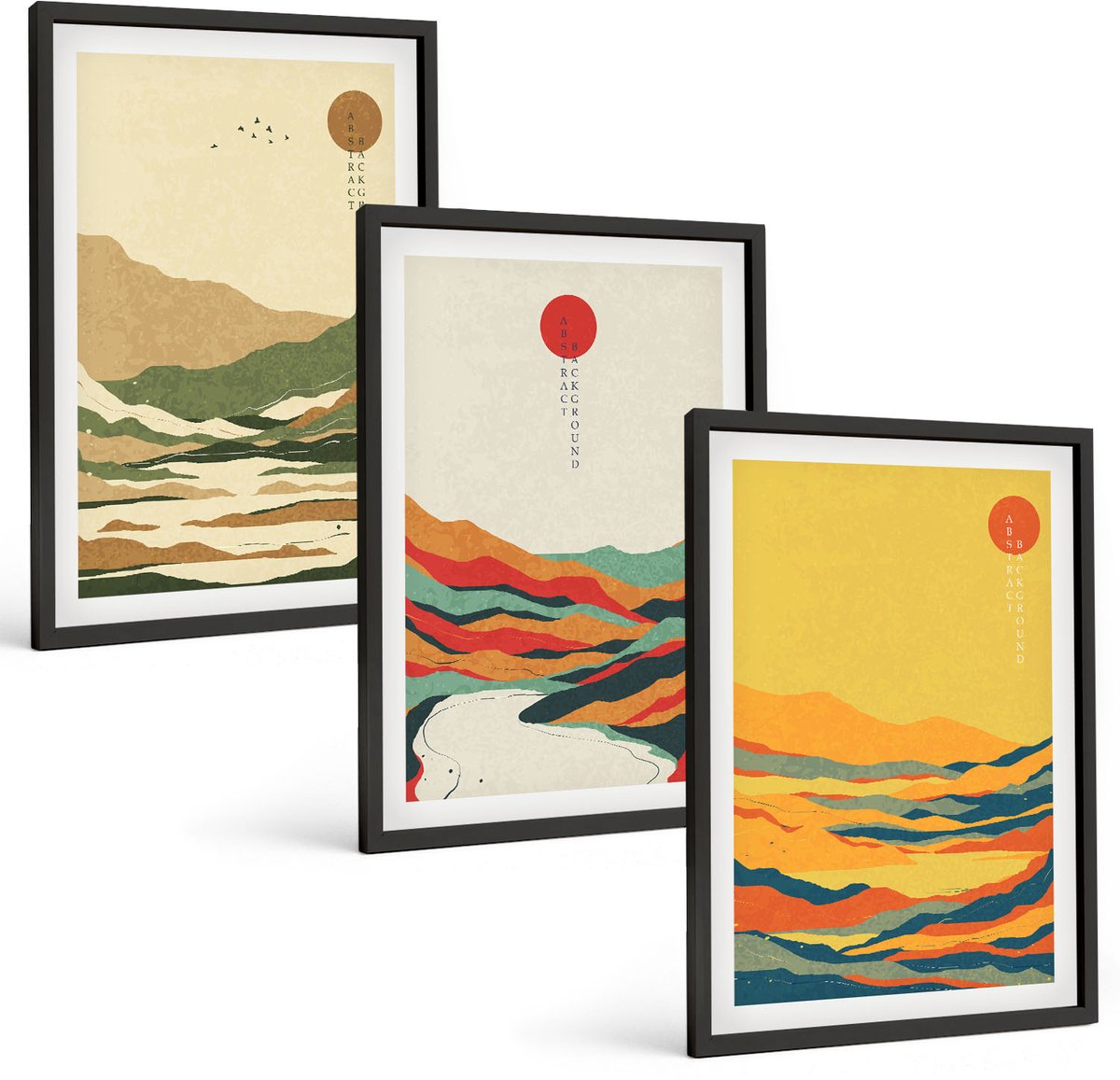Tulup 4-Delige Schilderij Set - Kleurrijke patronen van bergen en rivieren in Japandi-stijl - 40 x 60 cm - Stijlvolle Muurdecoratie - Slaapkamer