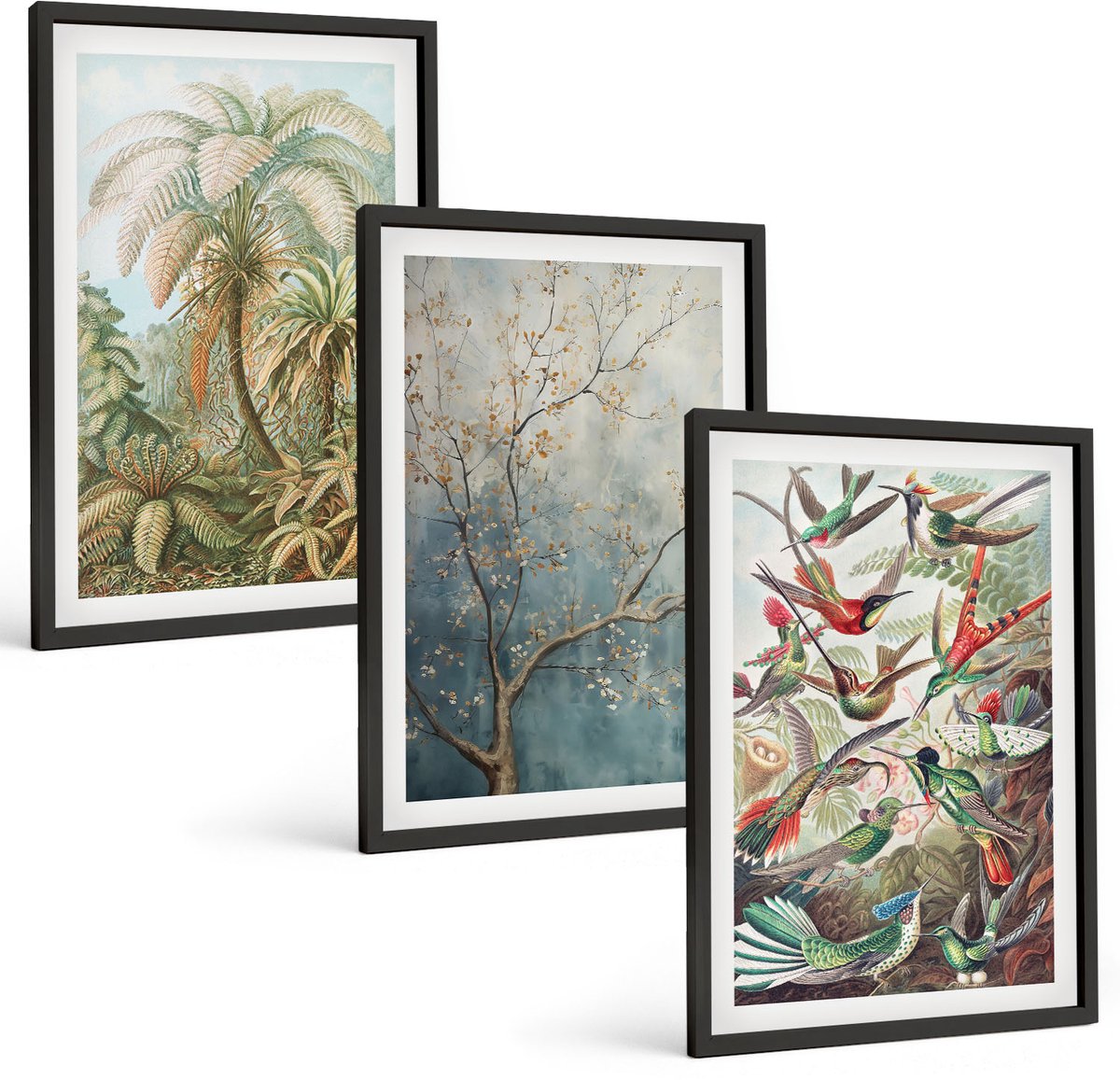 Tulup 4-Delige Schilderij Set - Tropische planten en kleurrijke vogels in de natuur - 40 x 60 cm - Stijlvolle Muurdecoratie - Slaapkamer - Wanddecoratie
