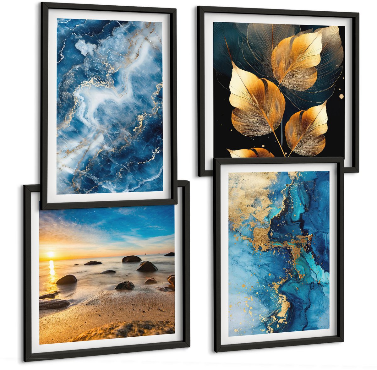 Tulup 4-Delige Schilderij Set - Blauwe abstracte patronen - 40 x 40 cm en 40 x 60 cm - Moderne Wanddecoratie - Woonkamer - Muurdecoratie