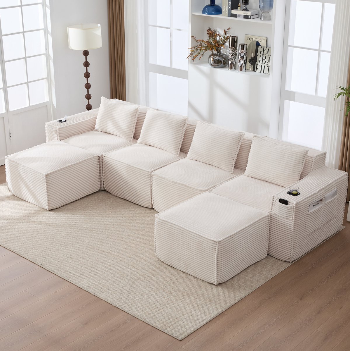 MODENUIT Modulaire Bank 4-Zits - Met 2 Hockers, Bekerhouders En Zijvakken - Voor Woonkamer - Kordstof - Beige