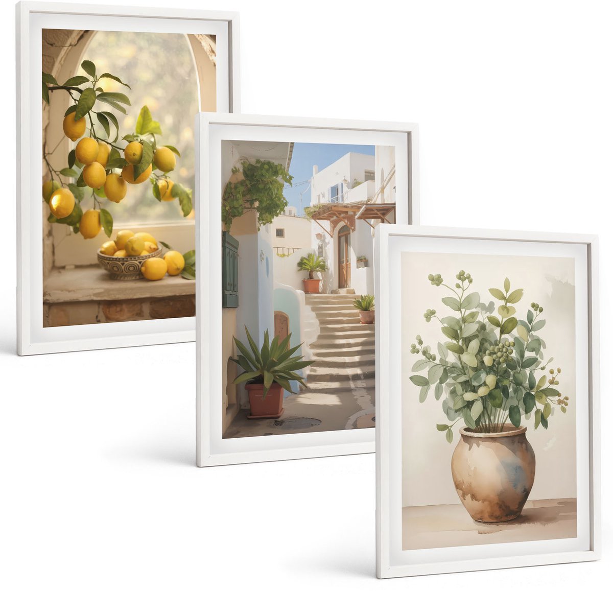 Tulup 3-Delige Schilderij Set - Citroenen in een vaas en planten in een witte architectuur - 40x60 - Muurdecoratie - Schilderijen Set - Woonkamer - Stijlvolle Muurdecoratie