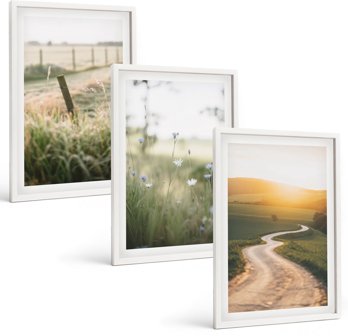 Tulup 3-Delige Schilderij Set - Landschap met een weide, een weg en een zonsondergang. - 40x60 - Moderne Wanddecoratie - Woonkamer