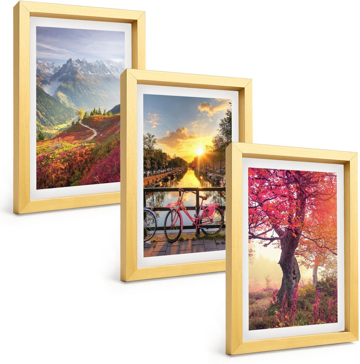 TULUP 4-Delige Schilderij Set - Berglandschappen met een fiets en een herfstboom - 20 x 30 cm - Decoratieve Schilderijen - Wanddecoratie - Hal - Stijlvolle Muurdecoratie Gouden lijst