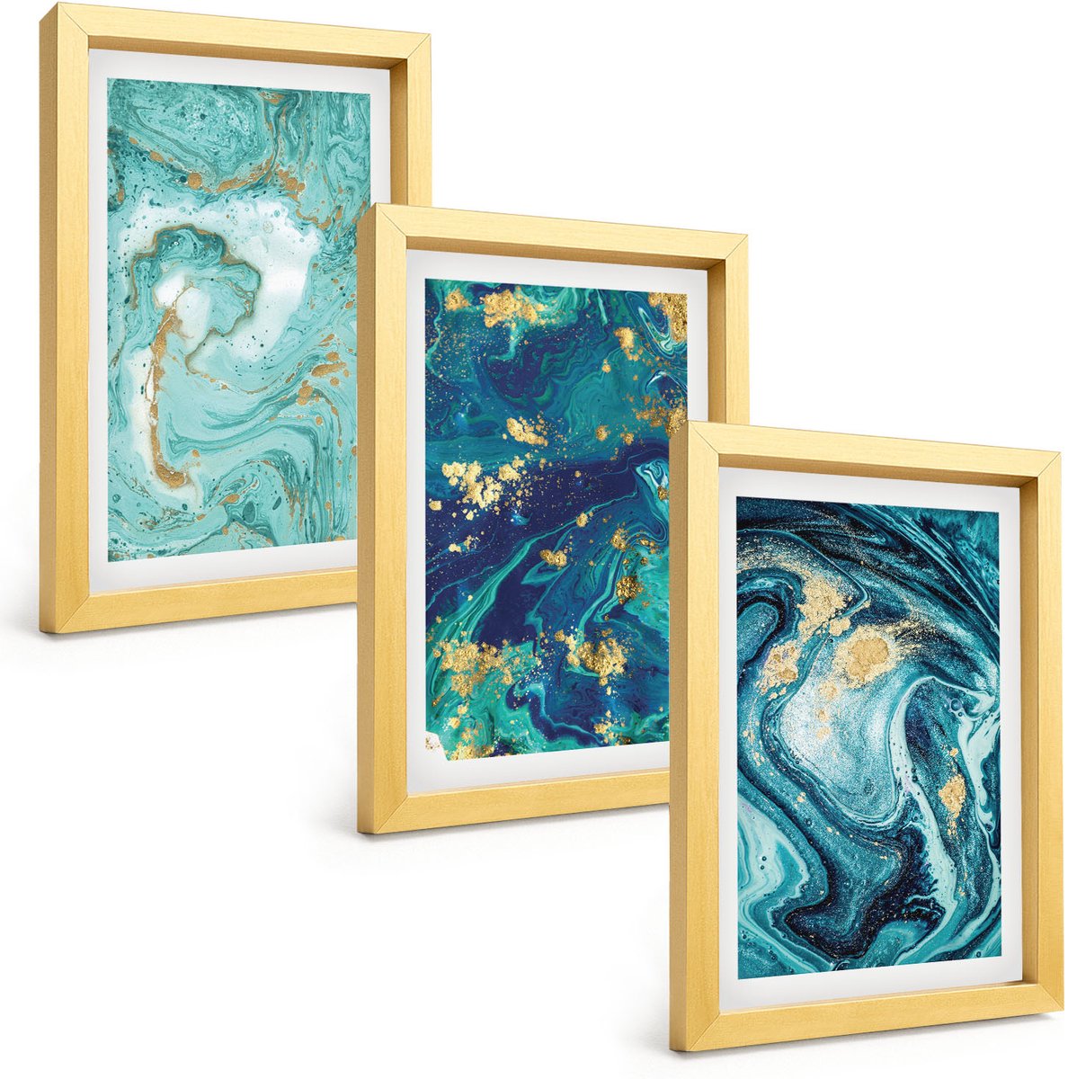 TULUP 4-Delige Schilderij Set - Turquoise abstractie van gemorste verf - 20 x 30 cm - Stijlvolle Wanddecoratie - Interieur - Interieur Decoratie Gouden lijst
