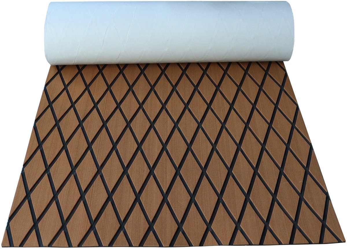 Zelfklevende EVA bootmat 240 x 90 cm - 6 mm antislip dekmat - Bruin/zwart ruitpatroon