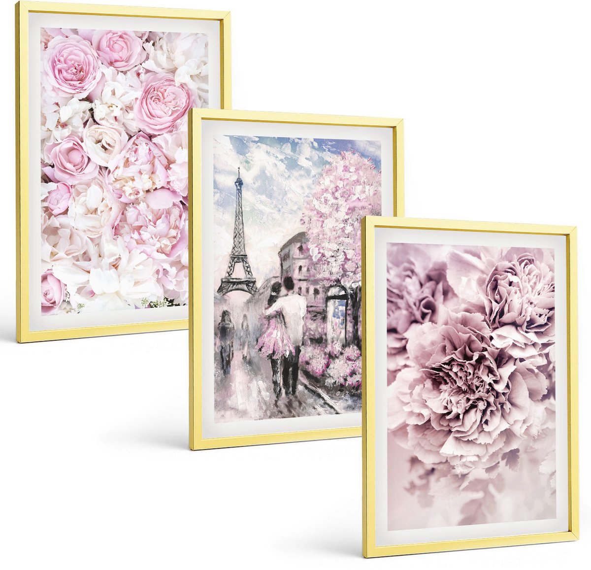 TULUP 4-Delige Schilderij Set - Bloemen in verschillende tinten roze, romantisch landschap - 40 x 60 cm - Wanddecoratie - Schilderijen Set - Kantoor Gouden lijst
