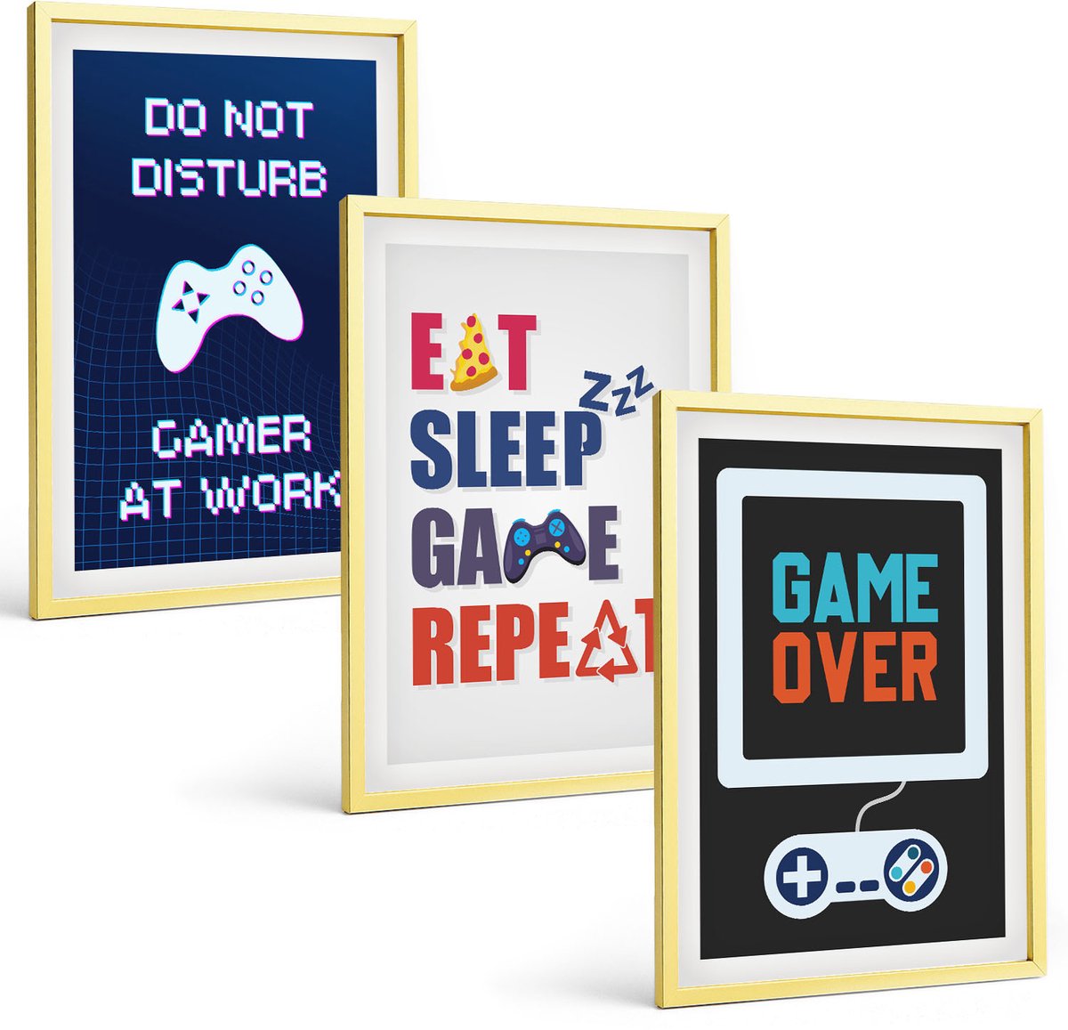 TULUP 4-Delige Schilderij Set - Ondertitels voor gamers met een entertainmentthema - 40 x 60 cm - Wanddecoratie - Schilderijen Set - Kantoor - Woonkamer Decoratie Gouden lijst