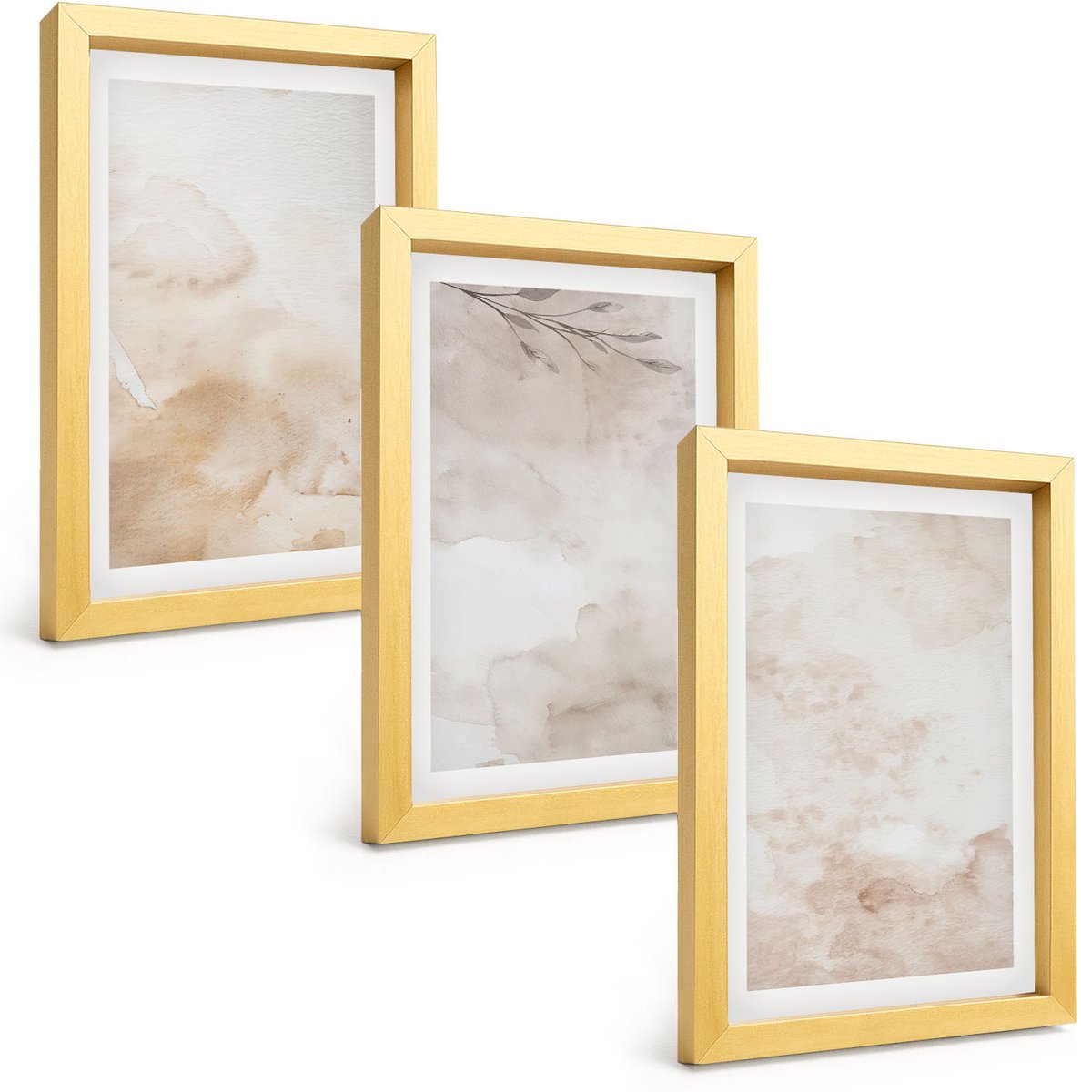 TULUP 4-Delige Schilderij Set - Aquarelvlekken en bladeren in pastelkleuren - 20 x 30 cm - Schilderijen Set - Wanddecoratie - Woonkamer - Decoratieve Schilderijen Gouden lijst