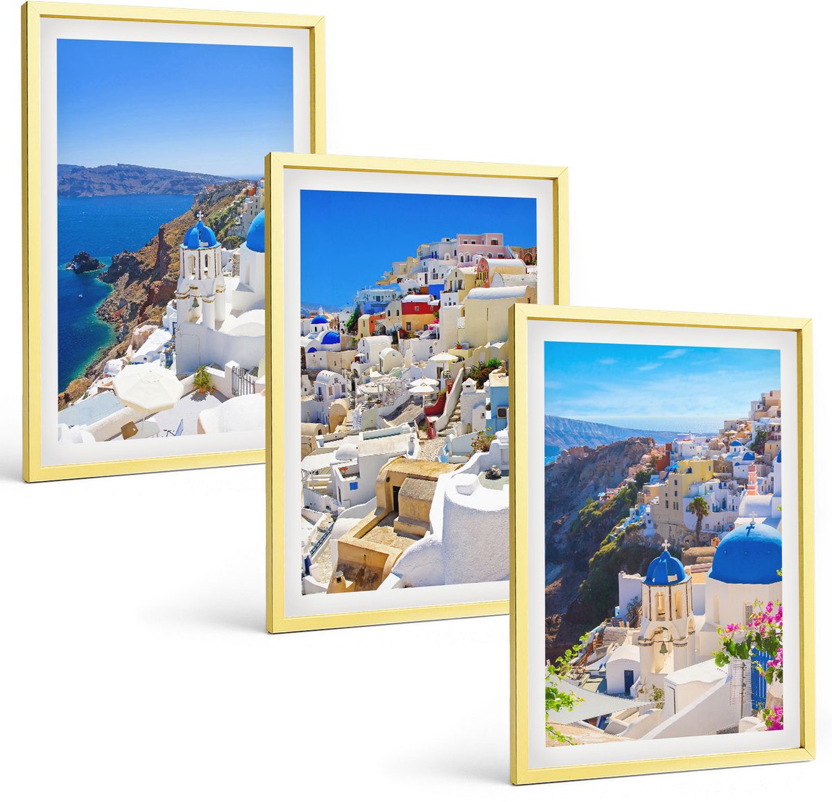 TULUP 4-Delige Schilderij Set - Landschapsarchitectuur en uitzichten op de stad Oia op Santorini, Griekenland - 40 x 60 cm - Wanddecoratie - Woonkamer Decoratie - Muurdecoratie Gouden lijst