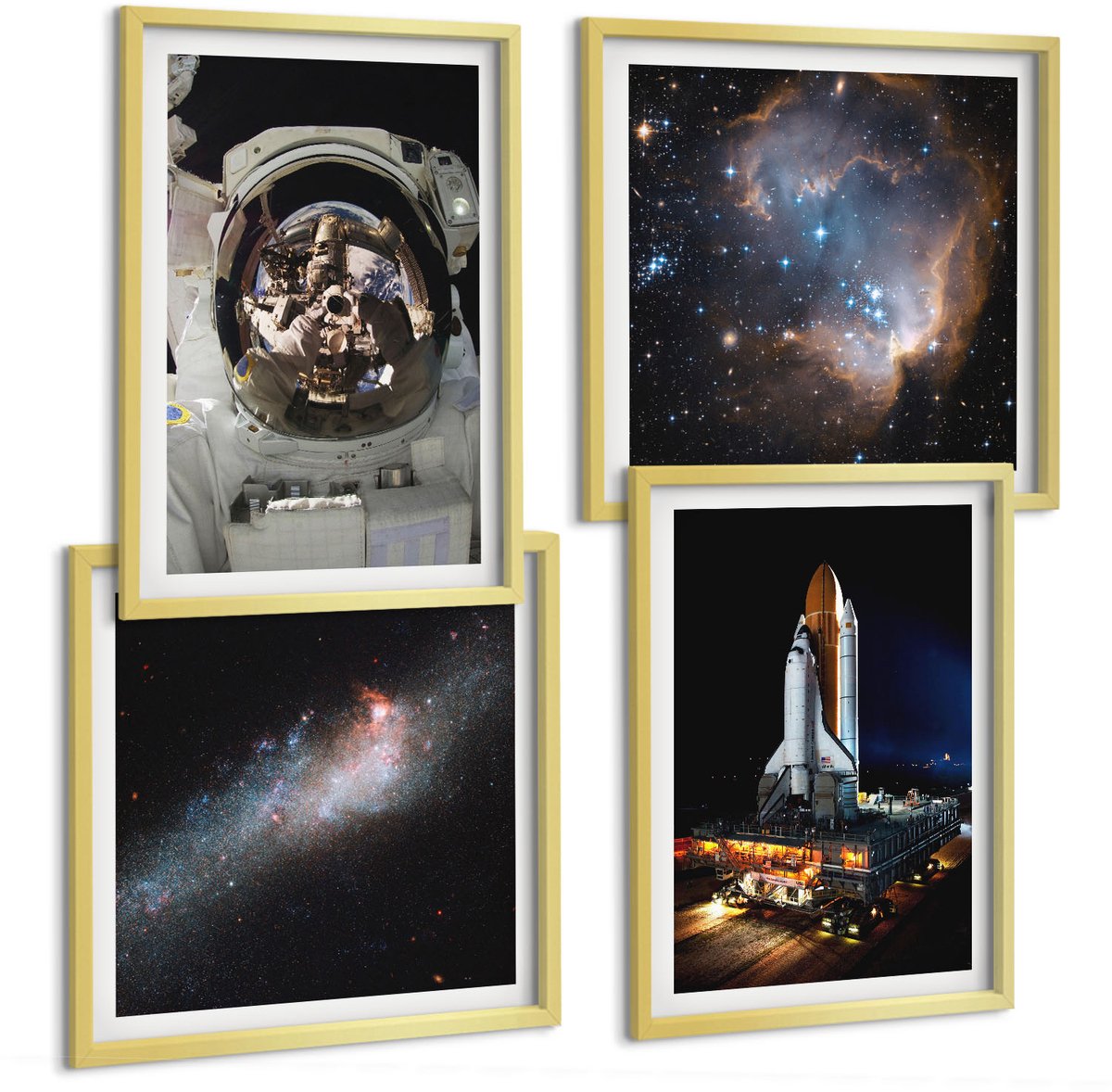 TULUP 4-Delige Schilderij Set - Foto's van astronauten die op de maan landen - 40 x 40 cm en 40 x 60 cm - Muurdecoratie - Schilderijen Set - Woonkamer Gouden lijst