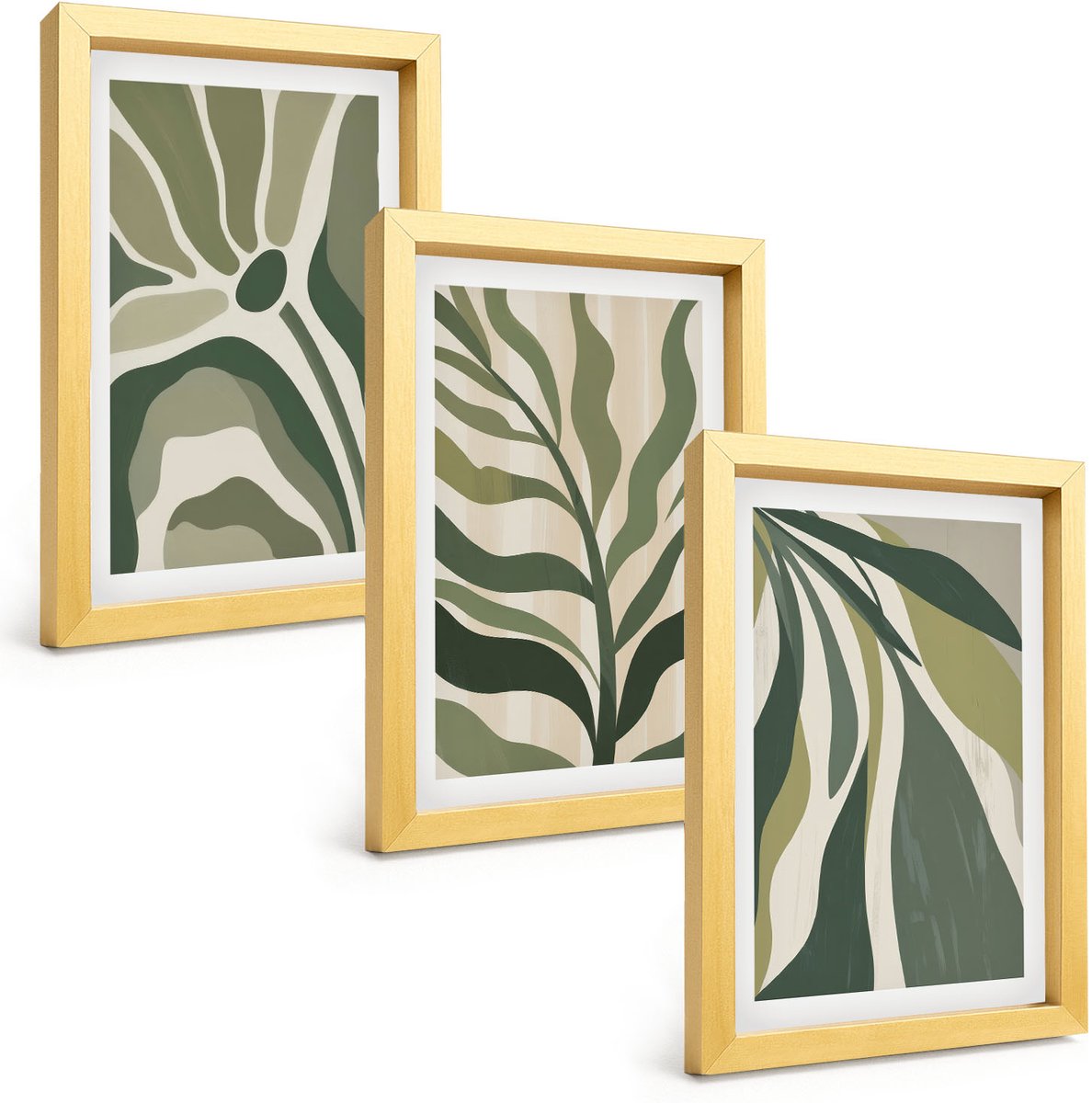 TULUP 4-Delige Schilderij Set - Geschilderde illustraties van bladeren in verschillende tinten groen. - 20 x 30 cm - Decoratieve Schilderijen - Wanddecoratie - Hal Gouden lijst