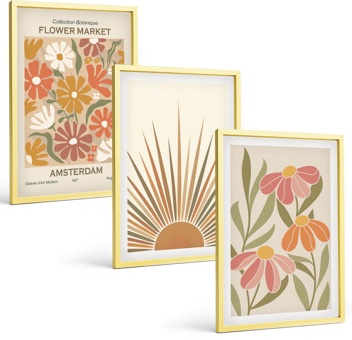 TULUP 4-Delige Schilderij Set - Bloemen in pastelkleuren met zonnestralen - 40 x 60 cm - Muurdecoratie - Decoratieve Schilderijen - Wohnzimmer Gouden lijst