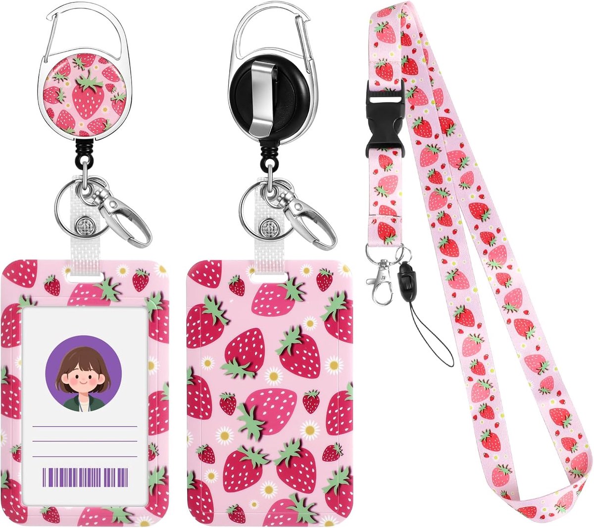 Strawberry Lanyard with ID Holder, Cute Fruit Retractable Badge Reel Clip Detachable Lanyard with Lobster Clasp - ShopVlot