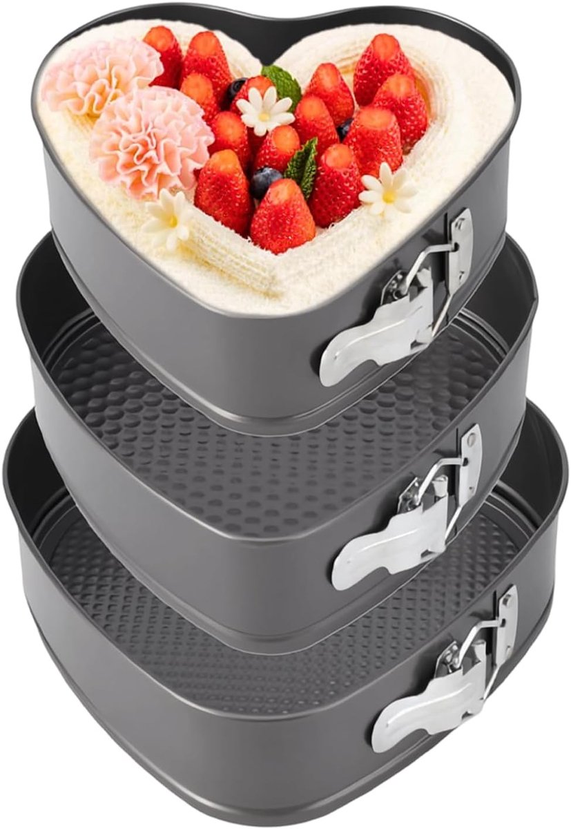 TIANLIN Springpan Set of 3 Heart Cake Moulds Sizes (20 cm / 22 cm / 24 cm) Carbon Steel with Non-Stick Coating - ShopVlot