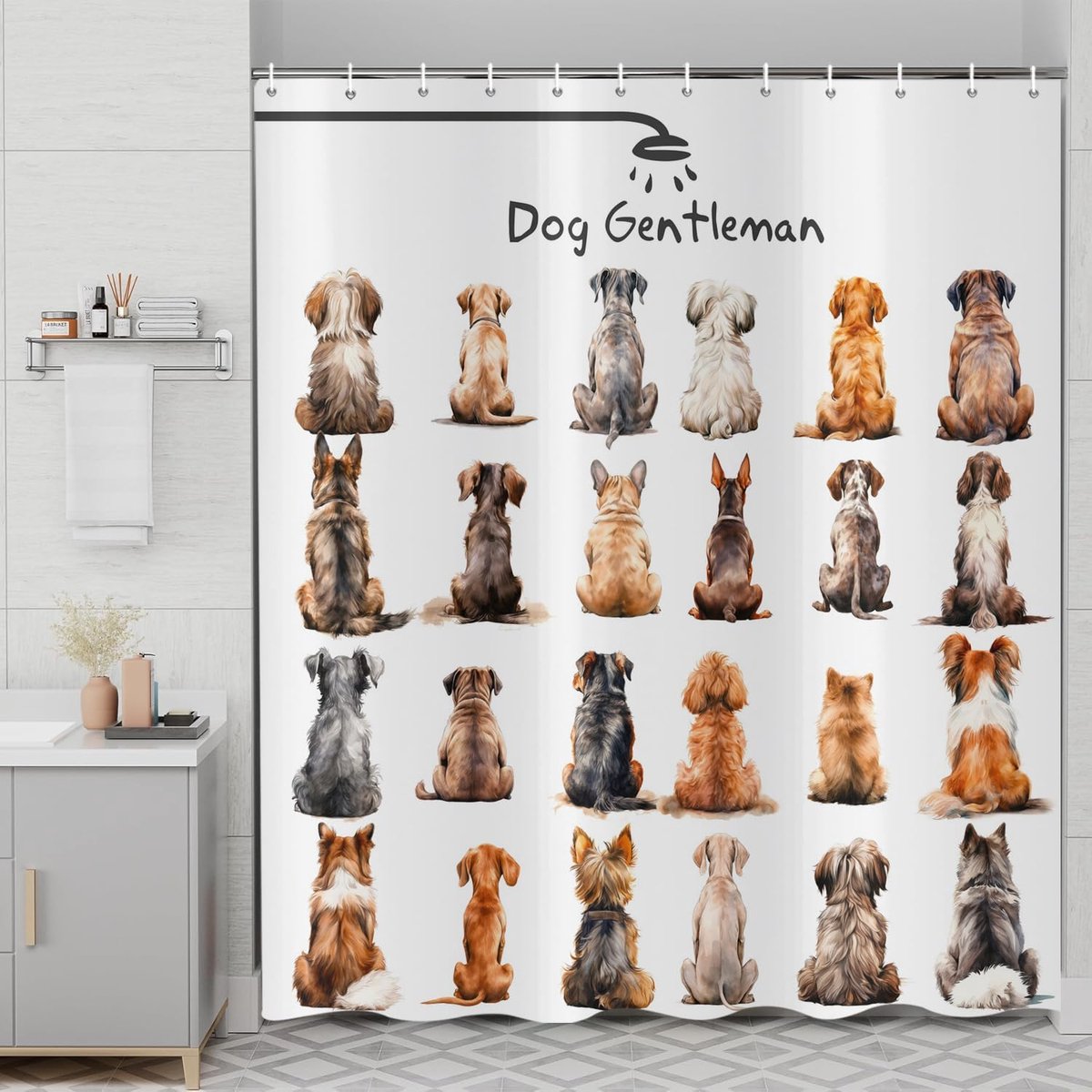 Dog Shower Curtain 180 x 200 cm, Funny Dog Gentleman Set Up Showering White Waterproof Polyester Washable Textile - ShopVlot