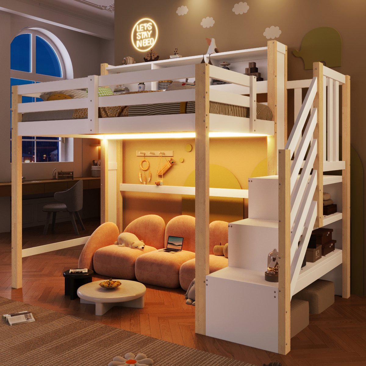 Hoogslaper - 90 x 200 cm - 1-persoons - met opbergruimte - met LED-verlichting - met trap - Wit en Naturel