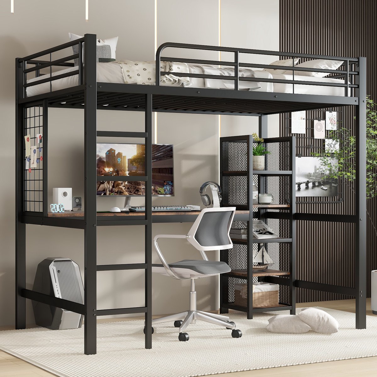 Hoogslaper - 90 x 200 cm - 1-persoons - met bureau - met opbergruimte - met ladder - Zwart en Donker walnoot
