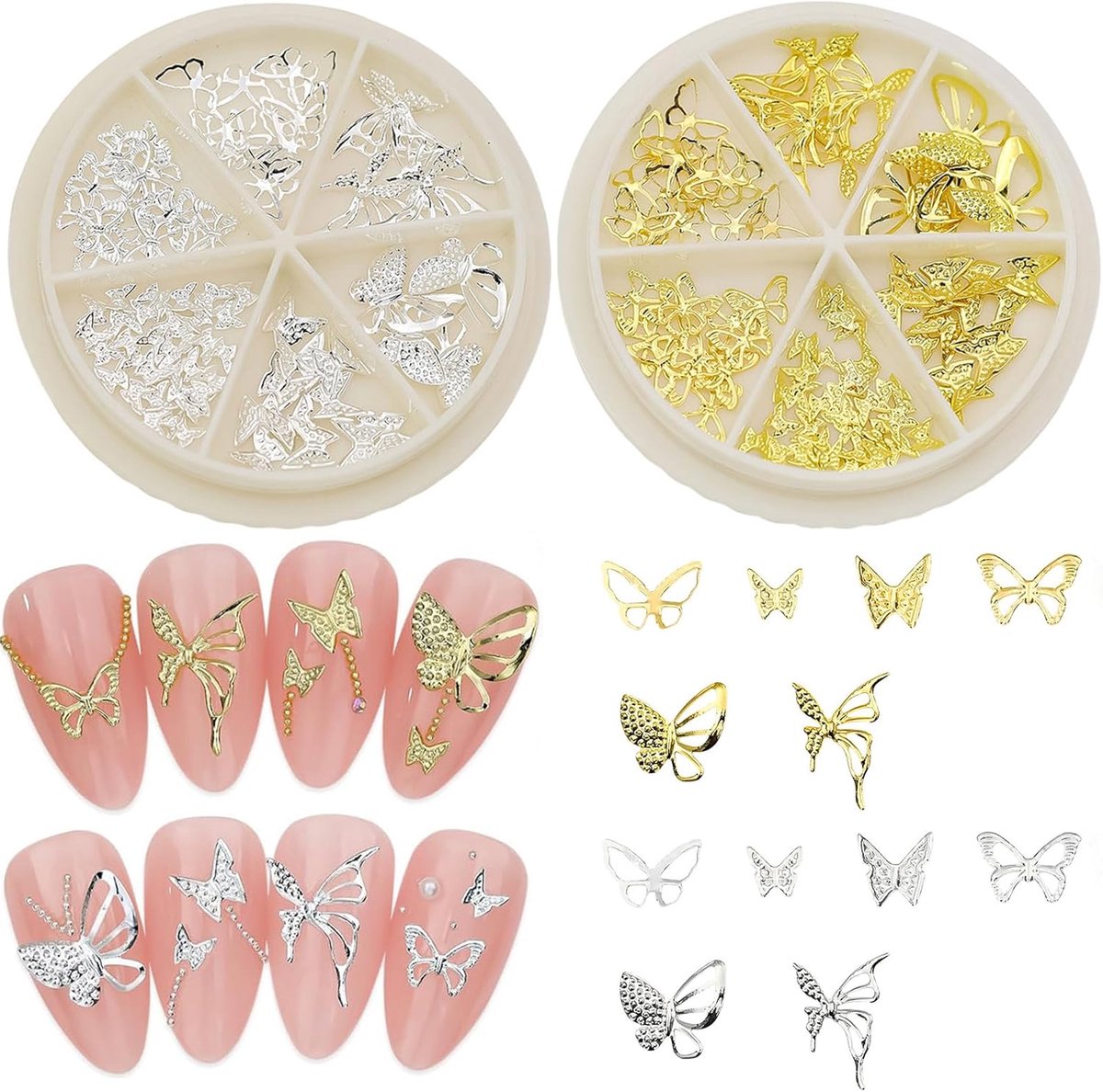 3D Butterfly Nail Charms, 2 Boxes Gold Silver Butterfly Nail Gems, Metal Alloy Hollow Butterflies Nail Art Decoration - ShopVlot