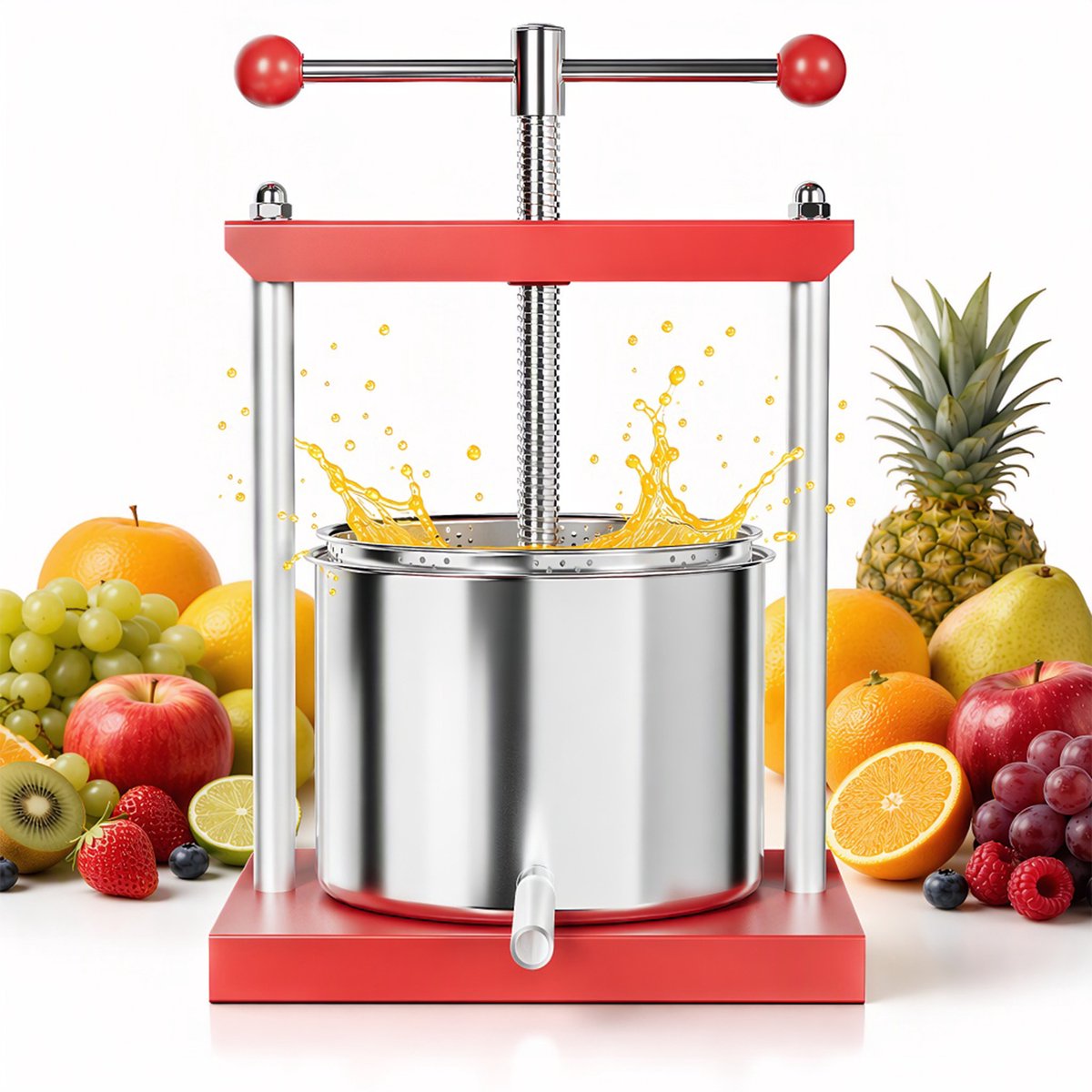 Aufun Fruitpers 6L Roestvrij Stalen Mand - Fruitpers Wijnpers Staal, Persen Incl. Opvangpan Met Uitloopbuis (6L)