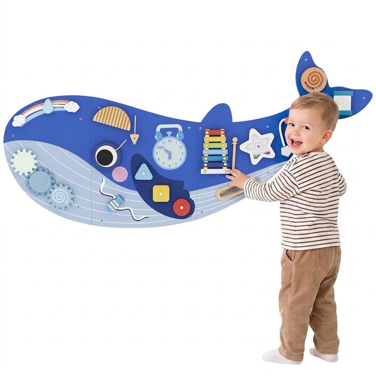 ROLIPO Montessori Busy Board 13-in-1 – Houten Activiteitenbord in Walvisvorm – Wandmontage – Met Xylofoon, Klok en Tandwielen