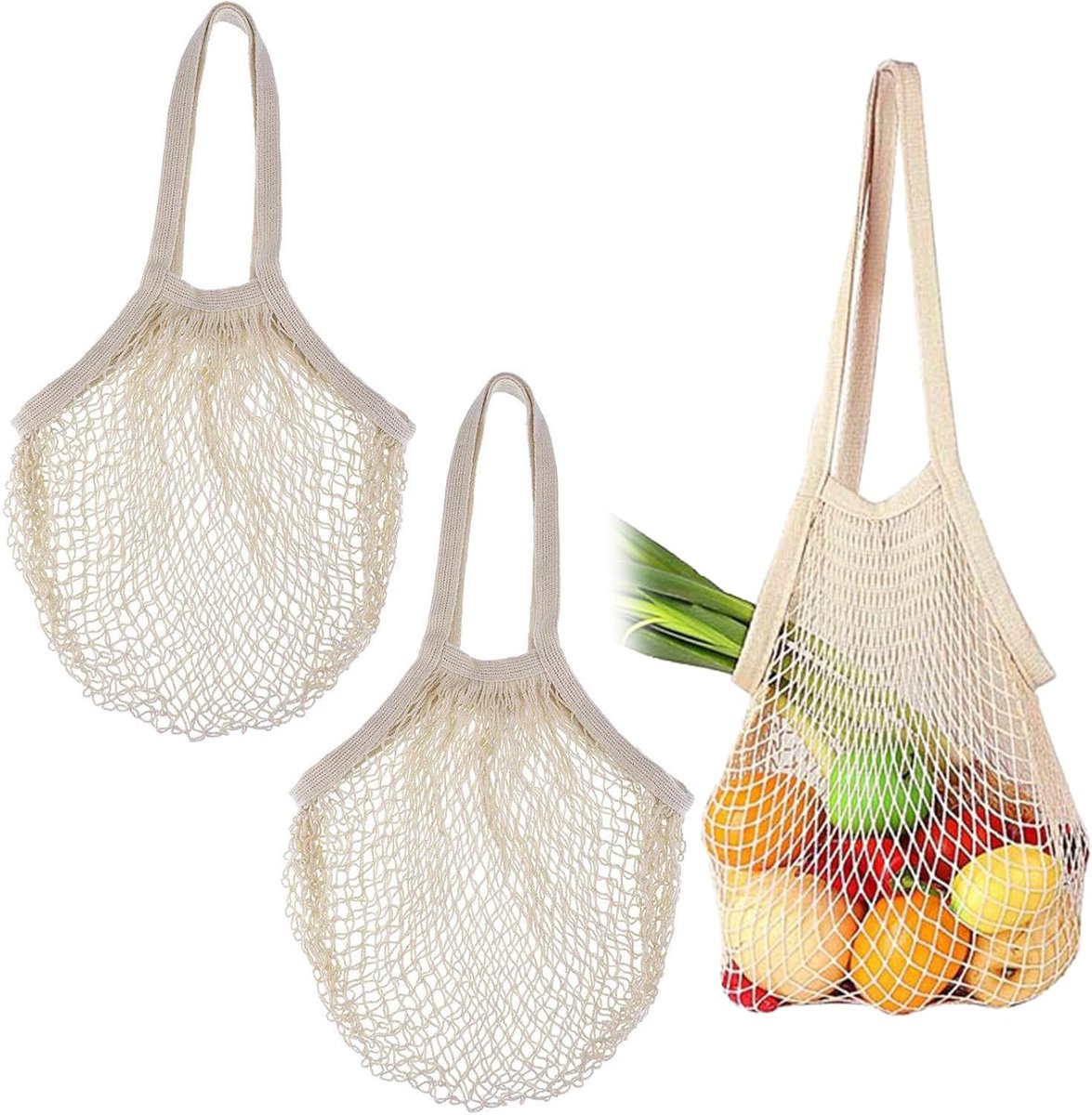 Zephyra Shopping Bag, 2 Pieces, Reusable Mesh Cotton Shopping Net Bag, Long Handle Shopping Net Bag for Storing Fruit - ShopVlot