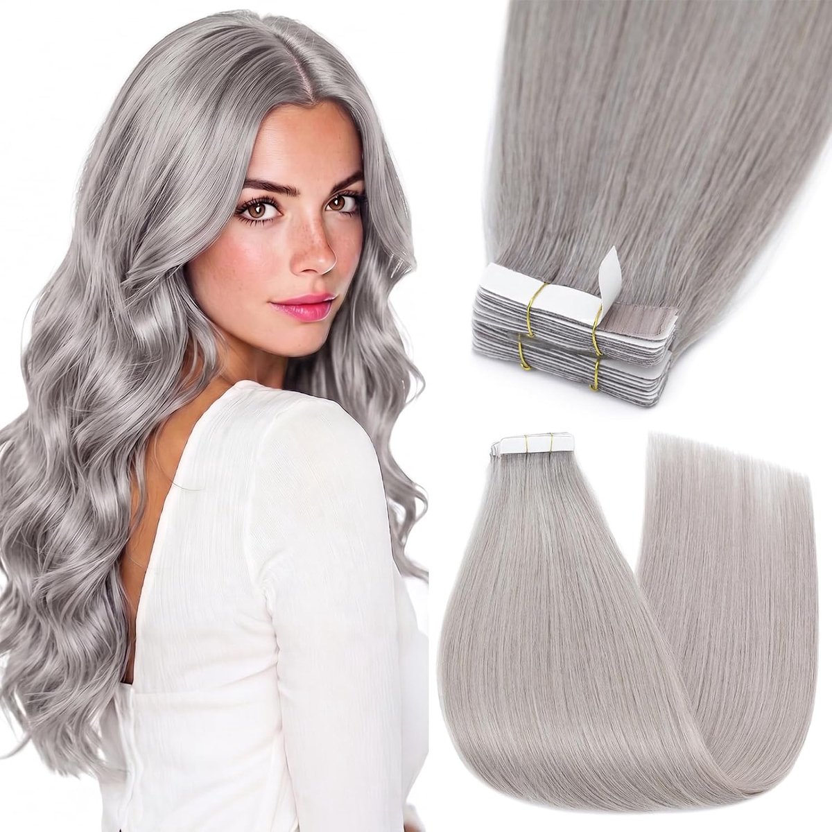 Tape-in haarextensions 50 cm - grijs - Remy haar - eenvoudig aan te brengen - ShopVlot