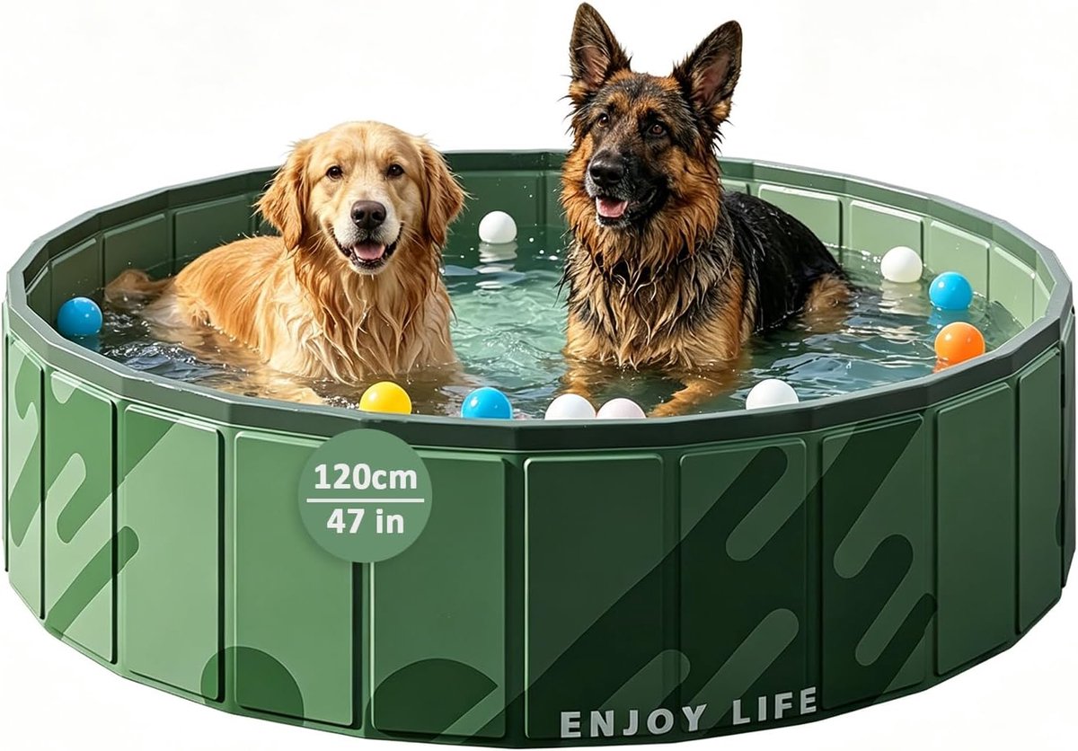 Dog Pool for Large Dogs, Foldable, Drain, 120 x 30 cm, Green - ShopVlot