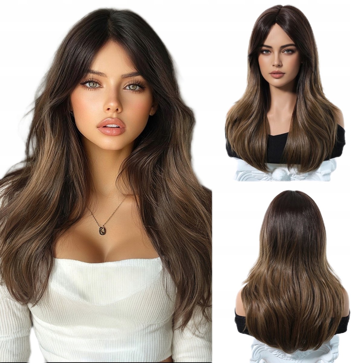 Damespruik Lang Gemengd Bruin met Pony Synthetisch 60cm