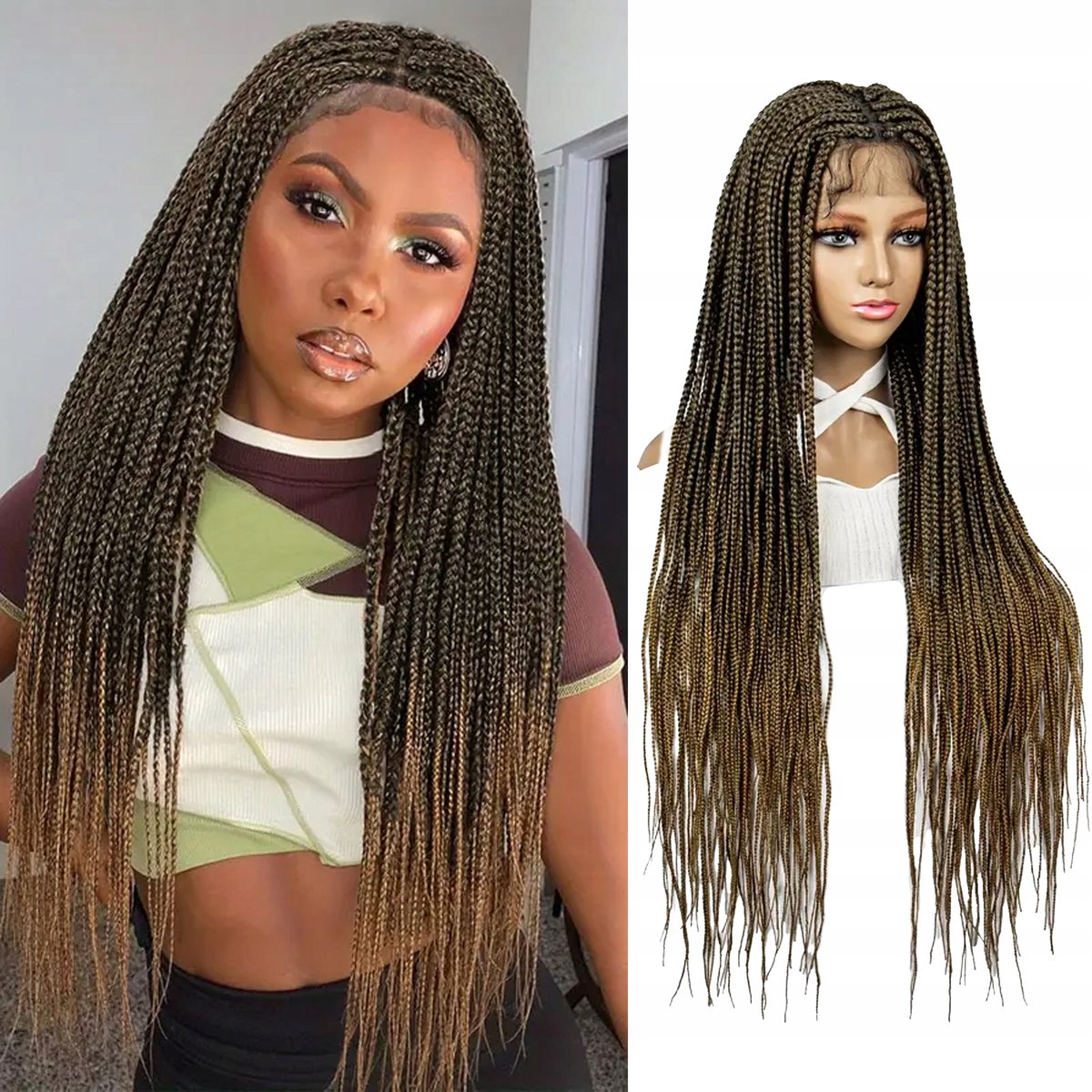 Merkloze Lace Front Pruik met Vlechtjes, Ombre Bruin/Blond, 80cm, Baby Hair