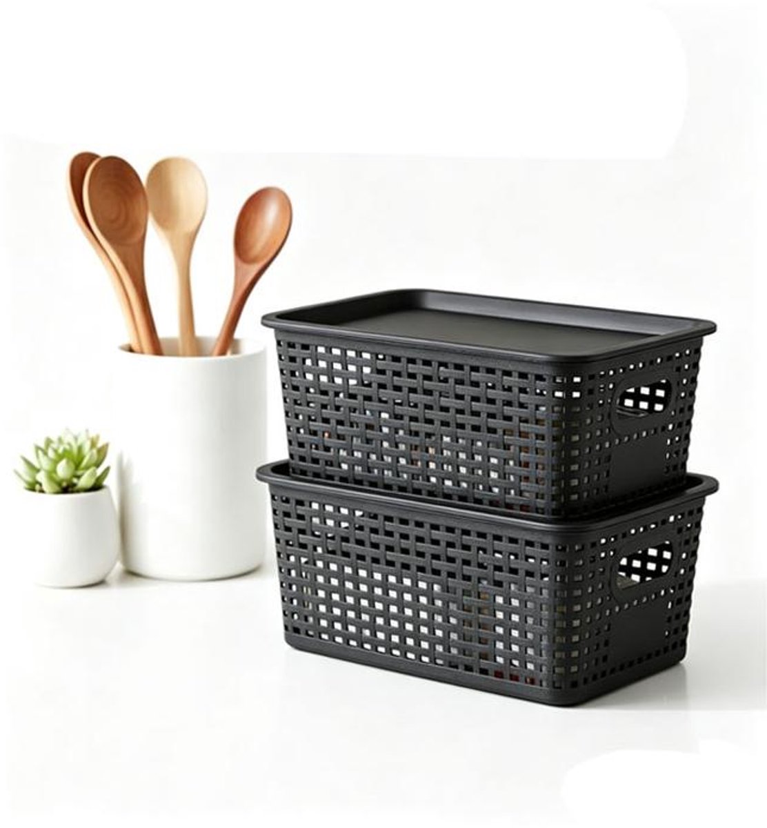 KZQ Opbergdoos met deksel – Stapelbare kunststof opbergdoos voor bureaus, pennen en accessoires – Compact en multifunctioneel – Set van 2