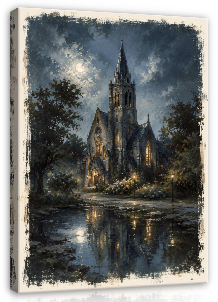 WALLARENA Schilderij op canvas - 90x60 cm - gotische kathedraal bij nacht in vintage stijl - wanddecoratie voor woonkamer en slaapkamer Blauw